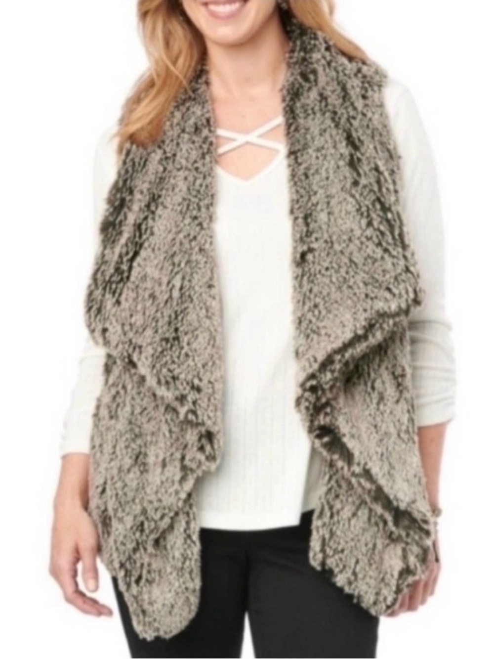 Democracy Taupe Faux Fur Draped Vest - Plush Open Front